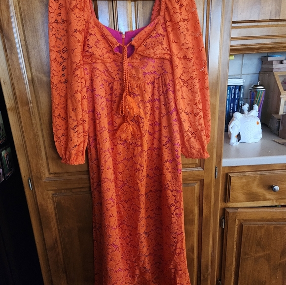 Farm Rio Elegant Orange Lace Midi Dress - Picture 2 of 8